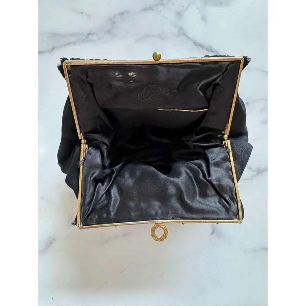 Guild Creations vintage 1940 puffy black pouch purse encrusted jewels floral ple